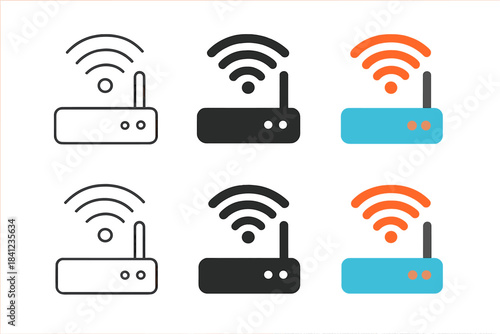 Stylized Router Designs. Compact router device with signal arcs above, first in line style with thin outline, second in solid