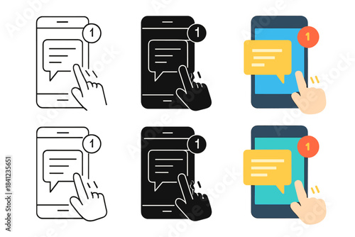 Smartphone Notification Styles. Smartphone with notifications and touch swipes, first in line style with thin outline, second in