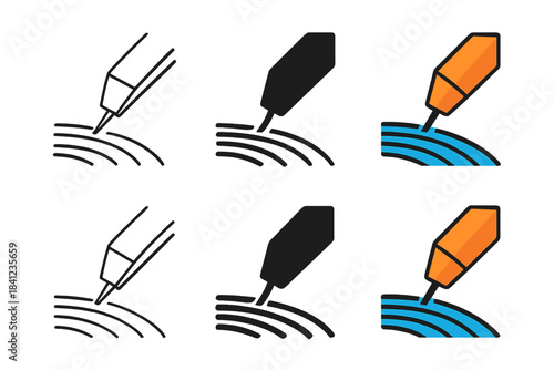 Stylus on Record Grooves. Close-up of record grooves with stylus touching the surface, first in line style with thin outline,