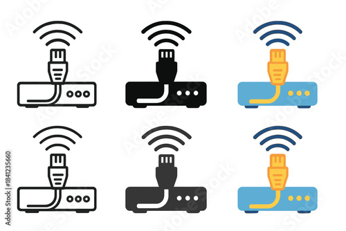 Varied Network Cable Styles. Network cable plugged into a router with signal waves, first in line style with thin outline, second
