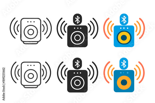 Colorful Audio Waves. Bluetooth speaker with colorful audio signals radiating, first in line style with thin outline, second in