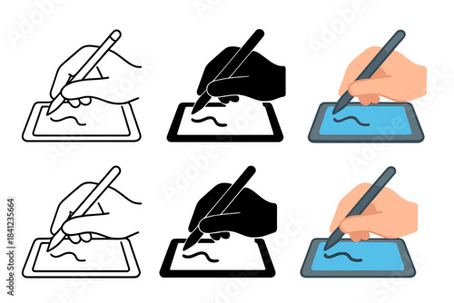 Stylus Tablet Variations. Hand holding stylus writing on digital tablet screen, first in line style with thin outline, second in