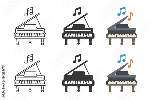 Floating Piano Notes. Grand piano with keys pressed and musical notes floating above, first in line style with thin outline,