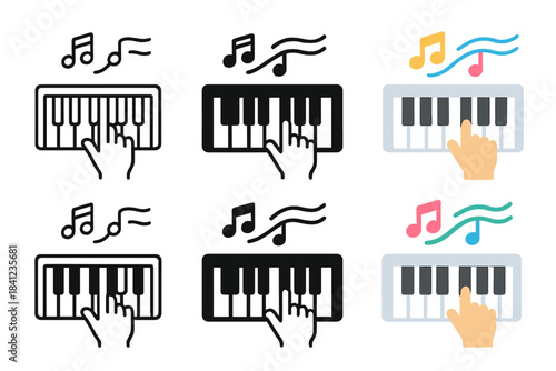 Melodic Keyboard Art. Keyboard with hand pressing notes and animated melody lines, first in line style with thin outline, second