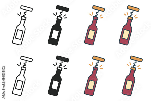 Wine Bottle Icons. Wine bottle icon with cork popping and corkscrew inserted, first in line style with thin outline, second in