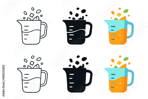 Colorful Measuring Cups. Measuring cup filled with liquid and ingredients spilling slightly, first in line style with thin outline