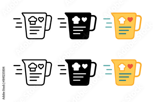 Measuring Cup Evolution. Measuring cup icon with recipe symbols and motion lines, first in line style with thin outline, second in