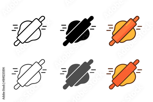 Stylized Rolling Pin Designs. Stylized rolling pin icon with dough being flattened and motion streaks, first in line style with