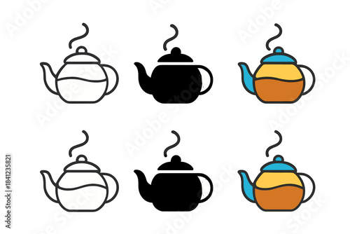 Stylized Teapot Icons. Stylized teapot icon with rising steam and brewed liquid, first in line style with thin outline, second in