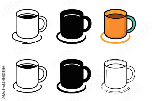 Stylish Coffee Mugs. Coffee mug with liquid inside and subtle stain rings around, first in line style with thin outline, second in