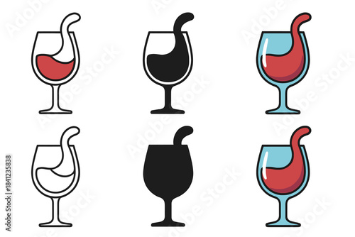 Stylized Wine Glasses. Close-up of wine glass with red wine and stylized sip effect, first in line style with thin outline, second