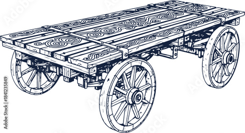Antique wooden cart with decorative carvings and large spoked wheels wagon vintage