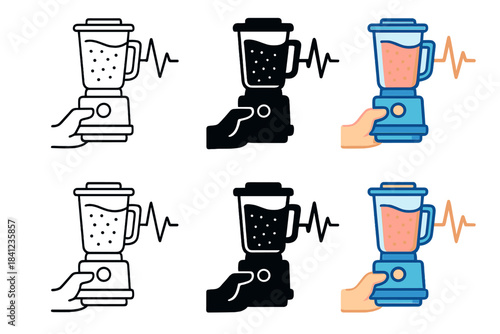 Smoothie Art Styles. Hand holding blender with smoothie and stylized pulse waves, first in line style with thin outline, second in