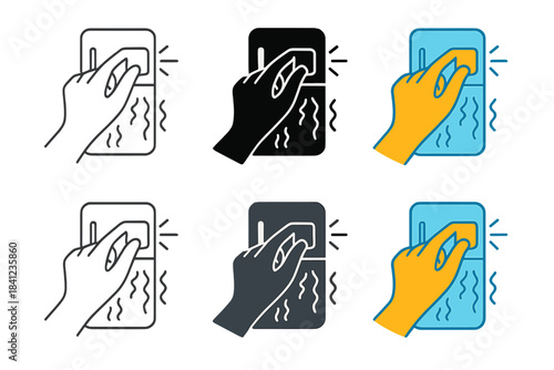Magnet Adjustment Variations. Hand adjusting magnet on refrigerator with frost and cold motion lines, first in line style with