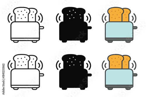 Toaster Vibes Animation. Close-up of toaster with bread slices popping and animated vibration arcs, first in line style with thin