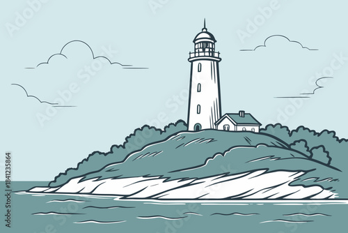 Lighthouse on a coastal island by the sea