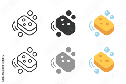 Sponge Icon Variations. Stylized sponge icon with soap bubbles and motion arcs, first in line style with thin outline, second in
