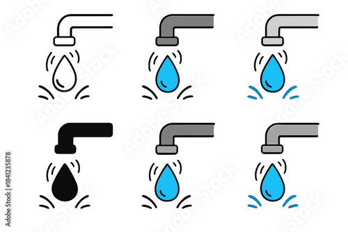 Water Drop Variations. Water drop falling from faucet with motion arcs and splash symbols, first in line style with thin outline,