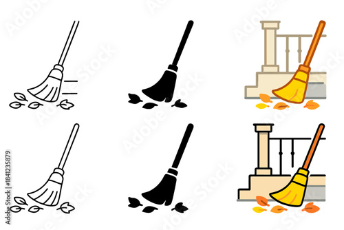 Broom Sweeping Styles. Broom sweeping fallen leaves near a porch first in line style with thin outline, second in solid style
