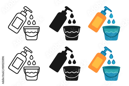 Soap Bottle Styles. Soap bottle pouring drops into pail of water first in line style with thin outline, second in solid style