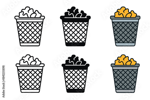Stylized Trash Can Variations. Metal trash can with crumpled paper inside first in line style with thin outline, second in solid