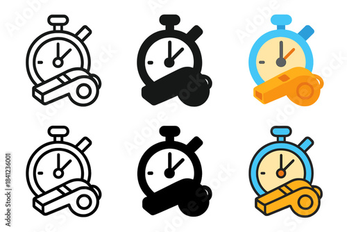 Whistle and Stopwatch Styles. Whistle resting on stopwatch before competition first in line style with thin outline, second in