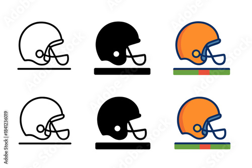 Colorful Helmet Variations. American football helmet with face guard front view first in line style with thin outline, second in
