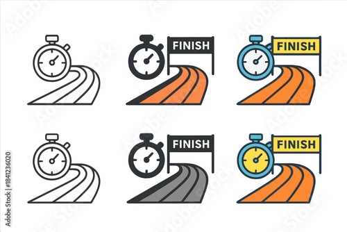 Running Track Evolution. Running track with stopwatch and finish banner first in line style with thin outline, second in solid