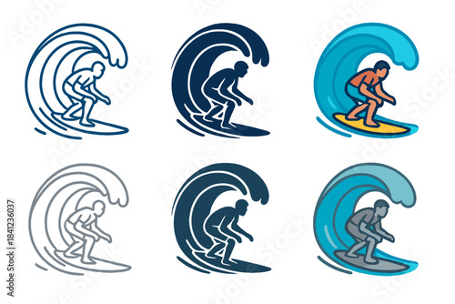 Surfers in Barrels. Surfer crouched low inside glowing blue barrel first in line style with thin outline, second in solid style