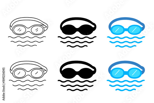 Floating Swim Goggles. Swim goggles floating on pool surface with ripples first in line style with thin outline, second in solid