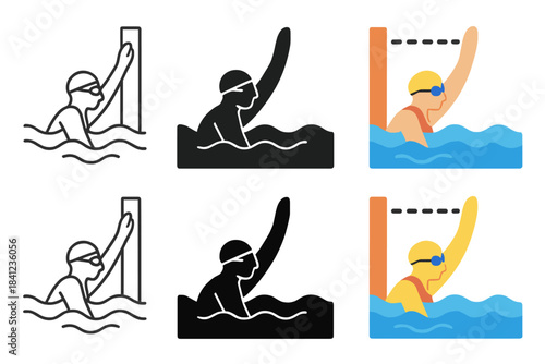 Diverse Swimmers Finish. Swimmer reaching wall to complete final lap first in line style with thin outline, second in solid style