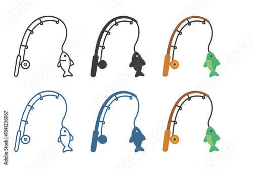 Stylized Fishing Iconography. Fishing rod bending with caught fish on line first in line style with thin outline, second in solid