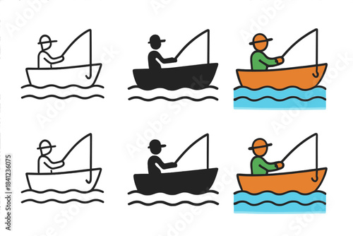 Fishing Boat Silhouettes. Boat silhouette with fishing rod extended over water first in line style with thin outline, second in