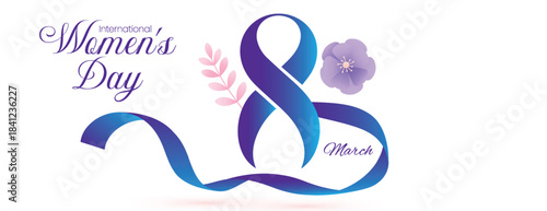 Women’s Day 8 March banner with floral and ribbon vector background design,  editable horizontal website banner layout, elegant feminine, celebration template for womens day social media cover design
