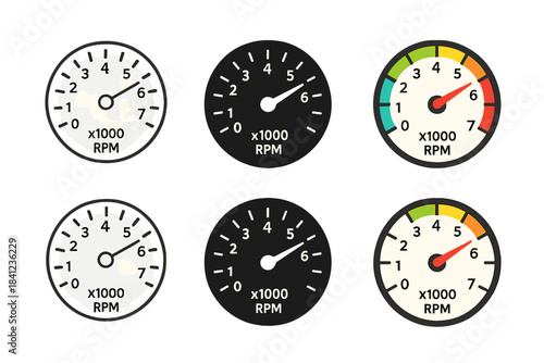Dashboard RPM Styles. Dashboard Dial RPM first in line style with thin outline, second in solid style filled shape, third in flat