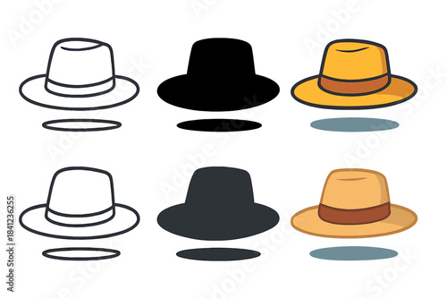 Hat Styles Showcase. Hat Shadow Brim first in line style with thin outline, second in solid style filled shape, third in flat