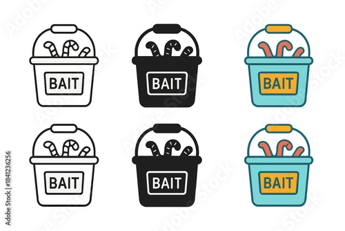 Bait Bucket Styles. Bait Worm Bucket first in line style with thin outline, second in solid style filled shape, third in flat