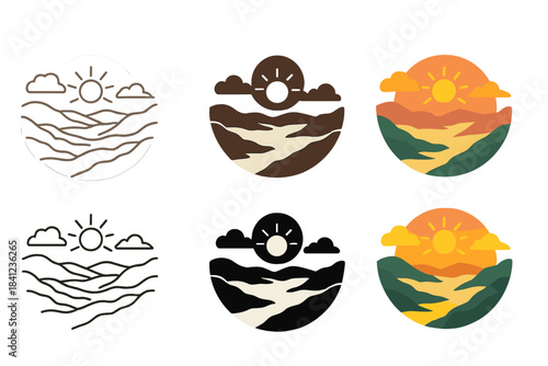 Sunrise Mist Variations. Sunrise Mist Valley first in line style with thin outline, second in solid style filled shape, third in