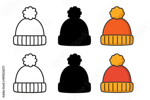 Stylish Hat Designs. Hat Pom Fluff first in line style with thin outline, second in solid style filled shape, third in flat style