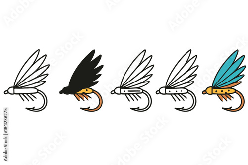 Stylized Rod Cast Flies. Rod Cast Fly first in line style with thin outline, second in solid style filled shape, third in flat