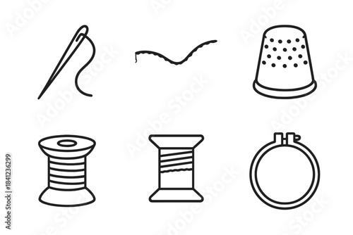 Line Style Sewing Icons. Line style vector icons of handcrafted sewing: pointed needle tip, looping thread curve, handcrafted seam