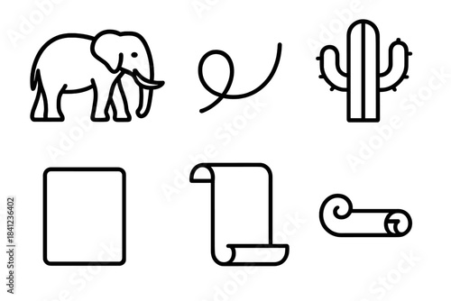 Tusked Elephant and Cactus. Line style vector icons of tusked succulent parchment: elephant silhouette, trunk sweep curve,
