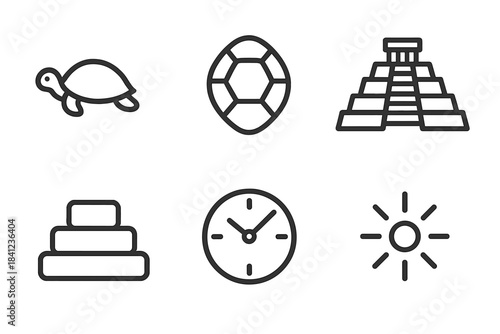 Reptile Temple Icons. Line style vector icons of reptile temple hourmark: turtle silhouette, shell sweep, temple-like pyramid
