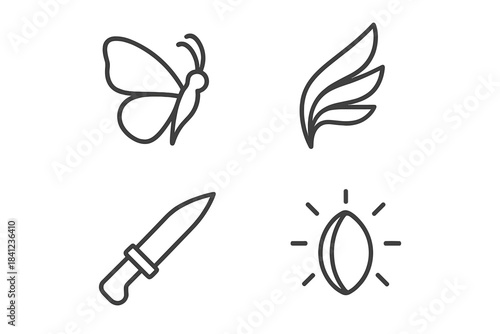 Fluttercut Pod Icons. Line style vector icons of fluttercut pod: winged insect profile, upper wing flare, cutting blade outline,