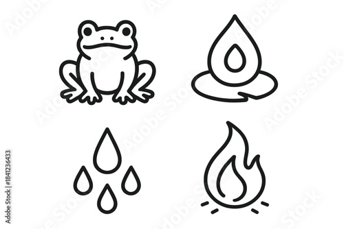 Lily Rain Flamelet. Line style vector icons of lily rain flamelet: froglike stance, gentle leg bend, lily-drop style bead, mild