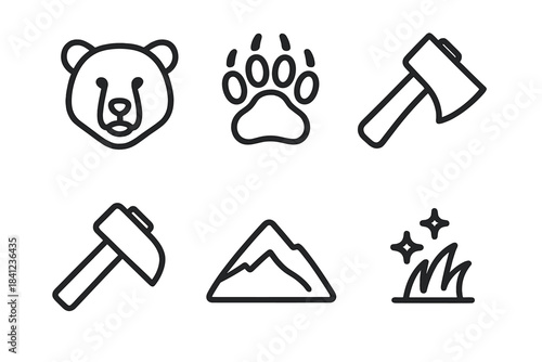 Wildstrike Ridgecrest Icons. Line style vector icons of wildstrike ridgecrest: broad bear contour, paw sweep, strike-tool shape,