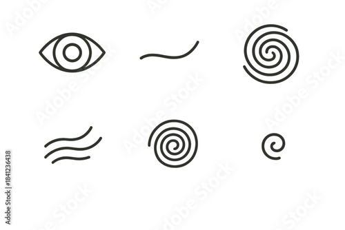 Eye of the Storm. Line style vector icons of eye storm vortex: outlined human eye, curved eyelid line, swirling storm spiral, wind