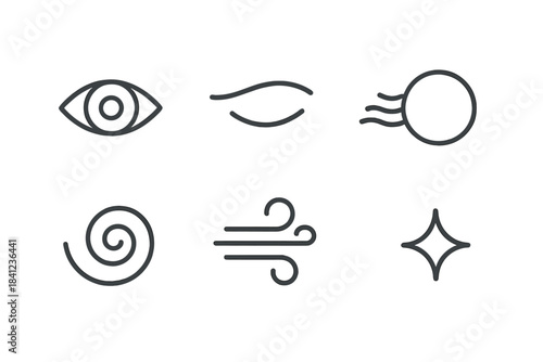 Visionwind Gyro Icons. Line style vector icons of visionwind gyro: simple eye mark, lid sweep, wind-driven circle, gyro swirl,