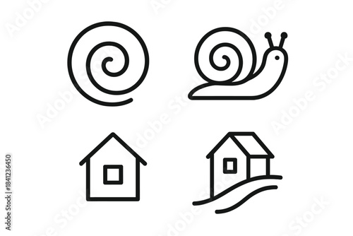 Spiral Housewalk Icons. Line style vector icons of spiral housewalk: spiral loop shell, small snail walk, tiny house block, roof