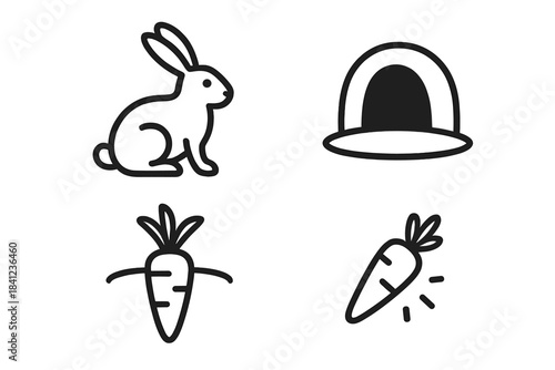 Rabbit and Carrot Icons. Line style vector icons of rabbit hole carrot: sitting rabbit outline, curved ear arc, round burrow hole,